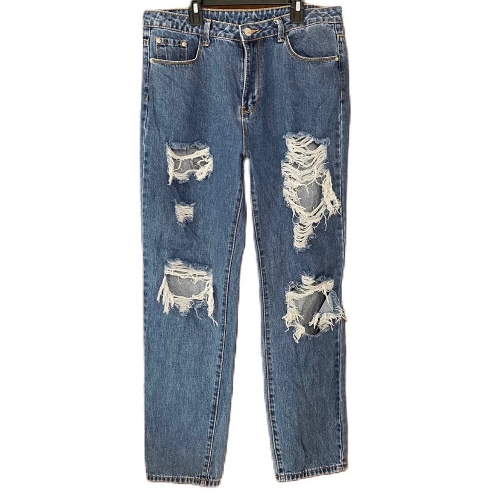 Shein Women’s Blue Denim Distressed Destroyed Ripped High Waist Jeans Large